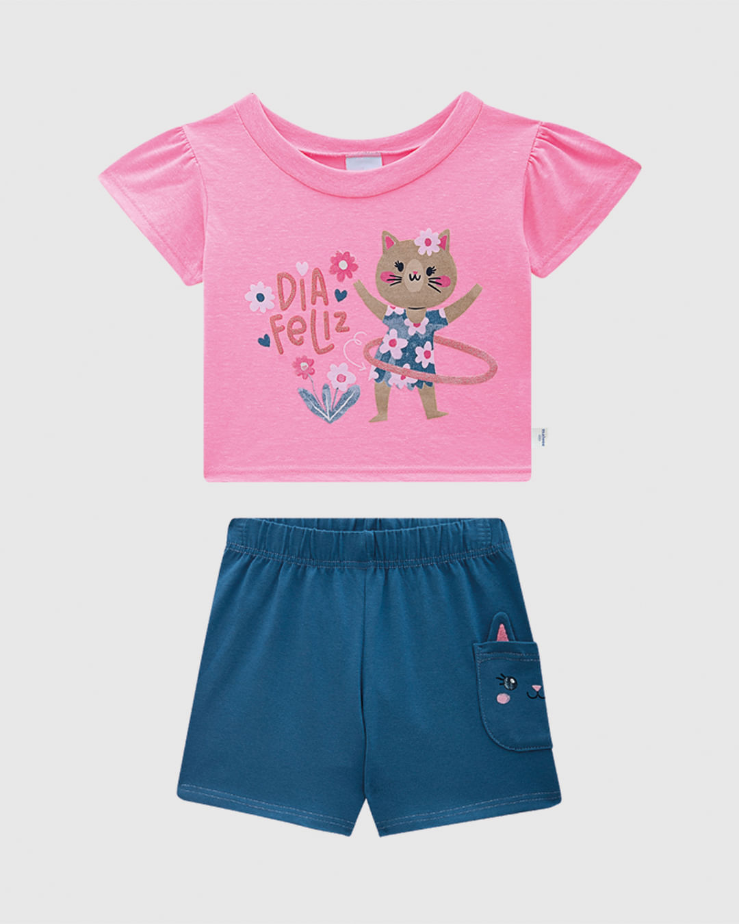 Conjunto Infantil Menina Dia Feliz Shorts Bolso em Malha Rajada Malwee Kids