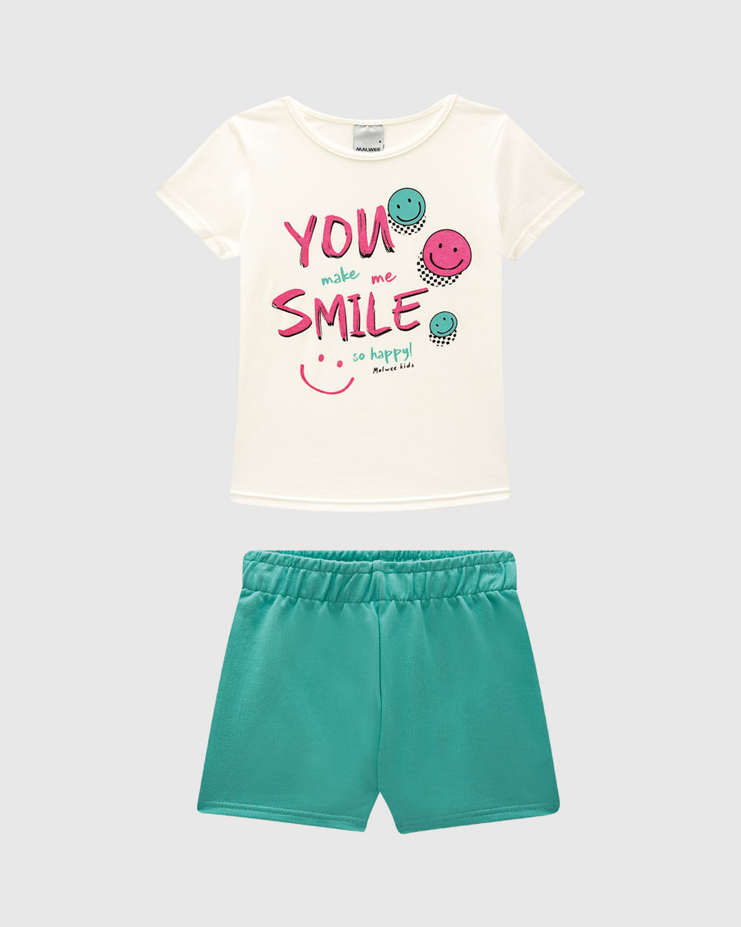 Conjunto Curto Infantil Menina Blusa You Make Me Smile E Shorts Malwee Kids - Off White - 6