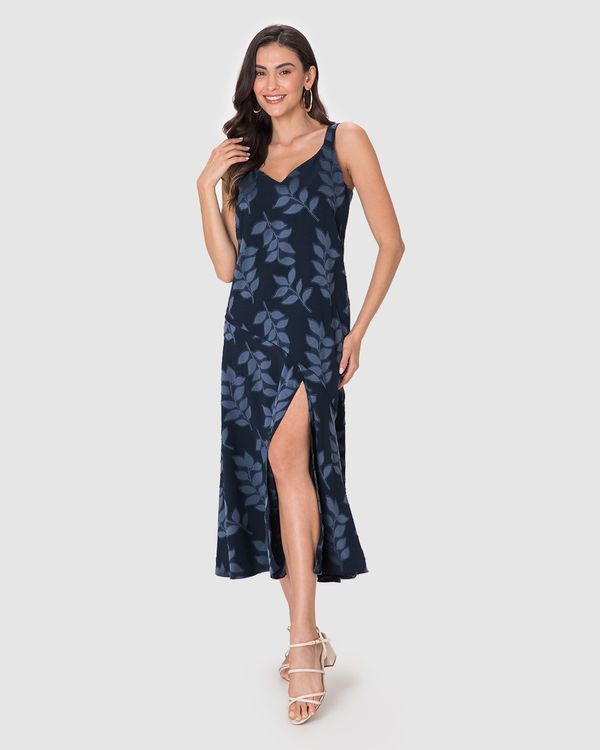 Vestido Midi Feminino Evasê Detalhe Fenda Frontal Em Tecido Jacquard Azul - M
