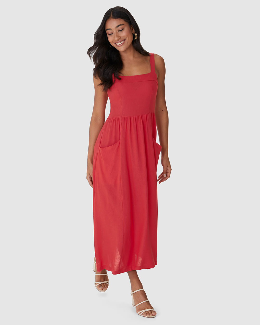 Vestido Midi Feminino Acinturado Bolso Lateral Em Viscolinho