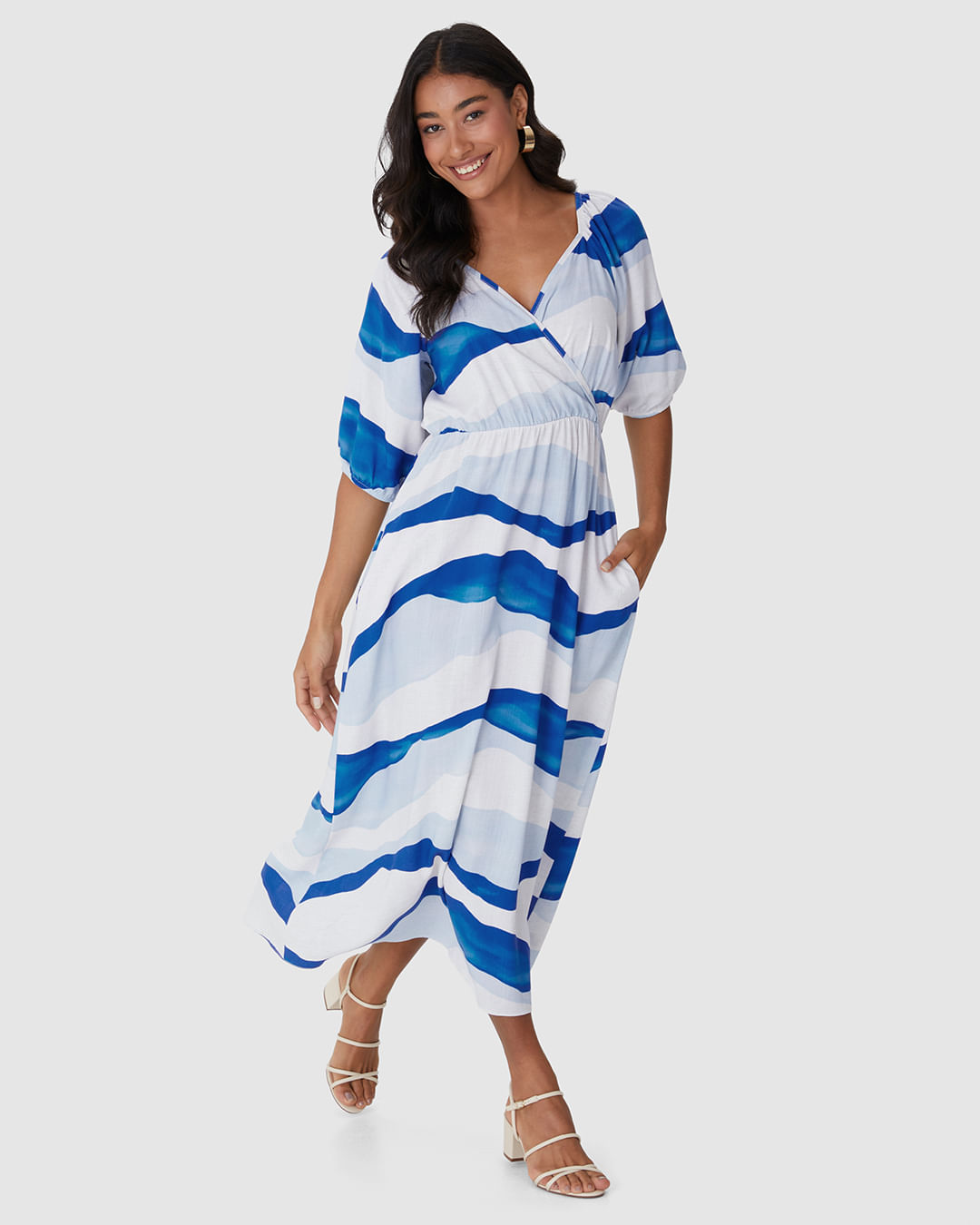 Vestido Midi Feminino Decote V Manga 3/4 Em Viscolinho Texturizado