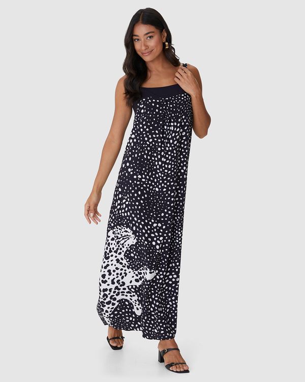 Vestido Longo Feminino Amplo Estampado Em Viscose Preto - GG