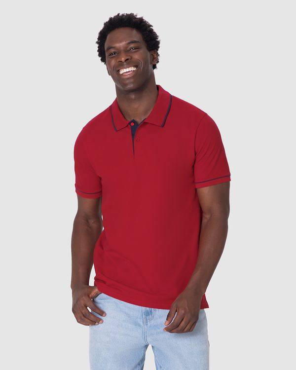 Camisa Polo Básica Masculina Detalhe Costura Contraste Em Piquet Stretch Vermelho - G