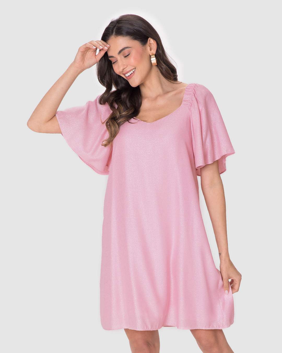 Vestido Feminino Evasê Manga com Franzido em Viscose Lurex