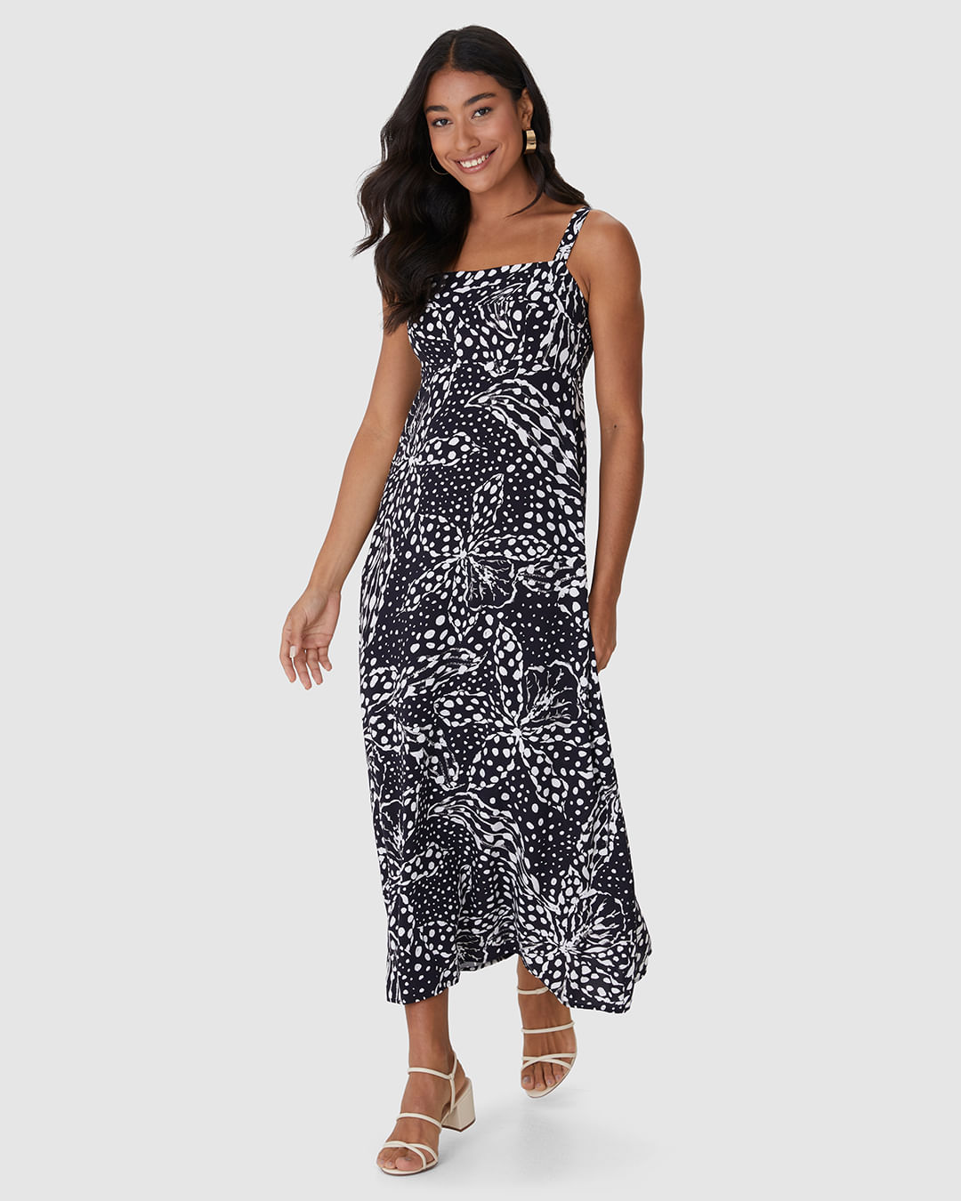 Vestido Midi Feminino Reto Acinturado Estampa Digital Em Viscose