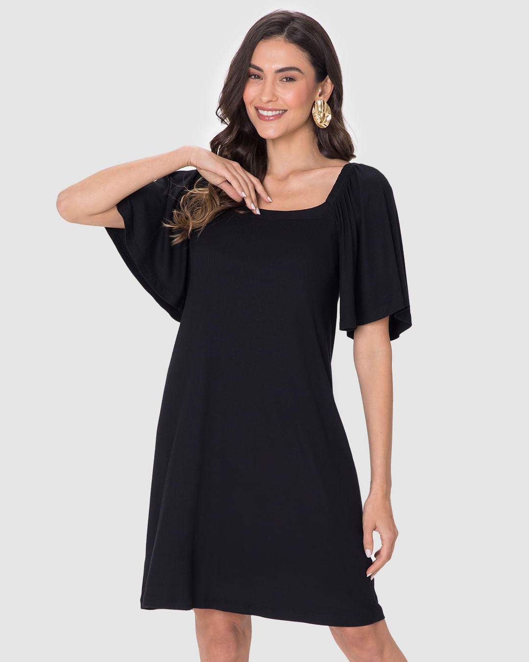 Vestido Feminino Decote Quadrado Manga Franzida Em Malha Viscose Canelada