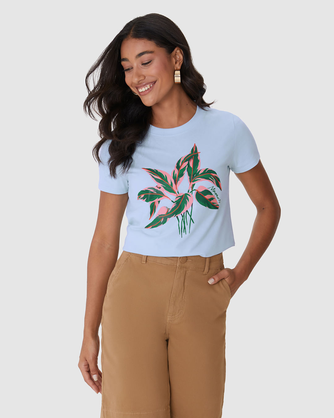 Camiseta Feminina Ilustração Frontal Especial Plantas Em Algodão - Imagem 6