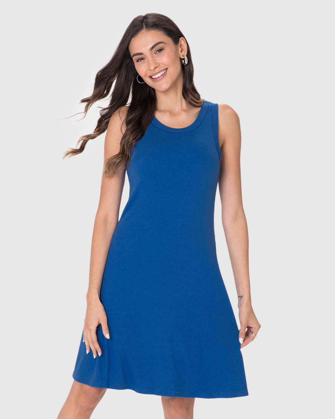 Vestido Feminino Evasê Sem Manga Em Malha Viscose Canelada