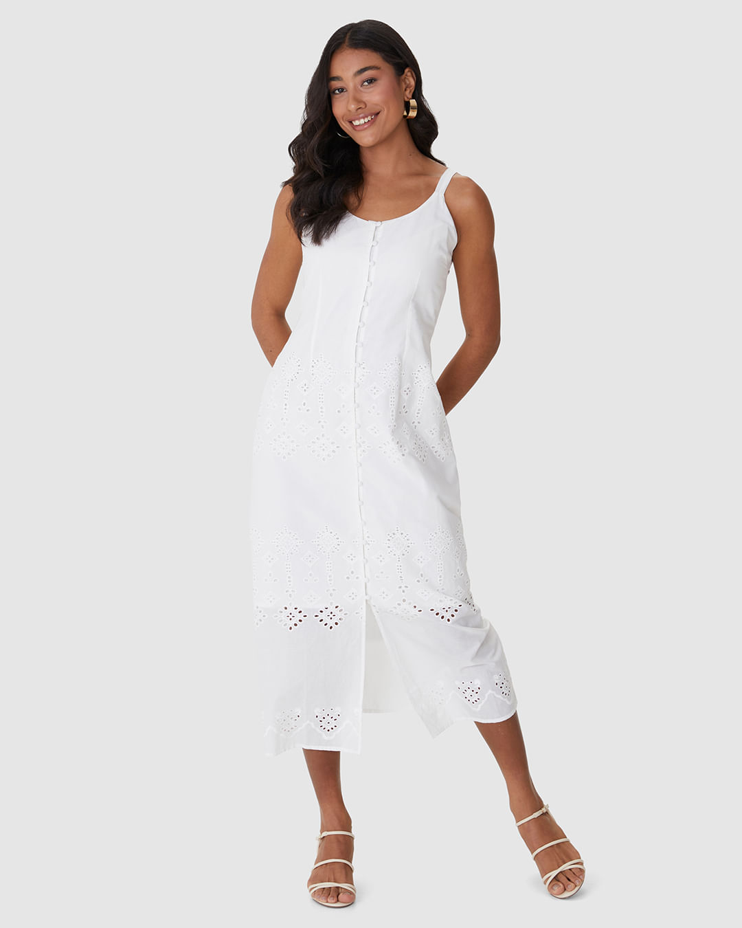 Vestido Midi Feminino Botões Frontais Detalhe Vazado Costas Em Laise Algodão - Imagem 16