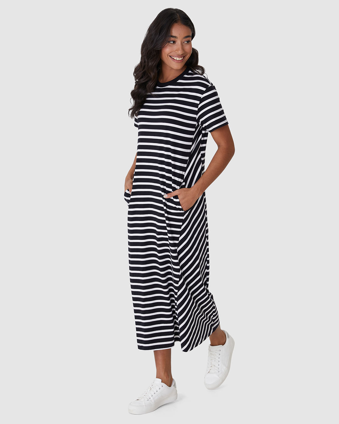 Vestido Midi Feminino Listrado Bolso Funcional Em Malha Algodão