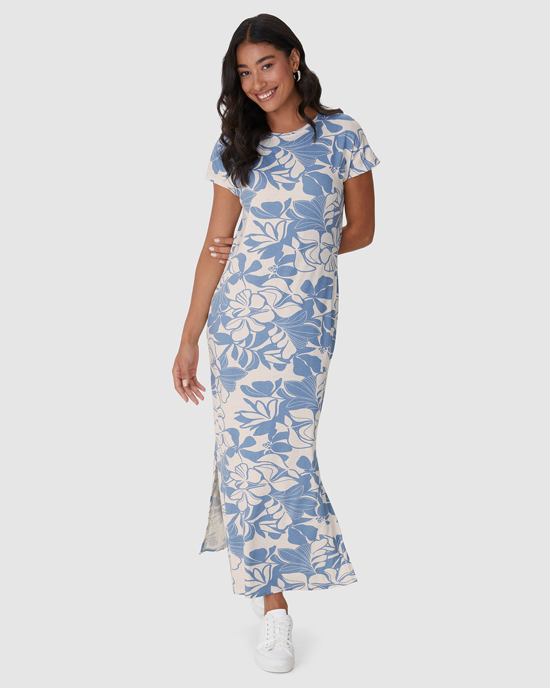 Vestido Midi Feminino Fenda Lateral Em Malha Viscolinho Stretch