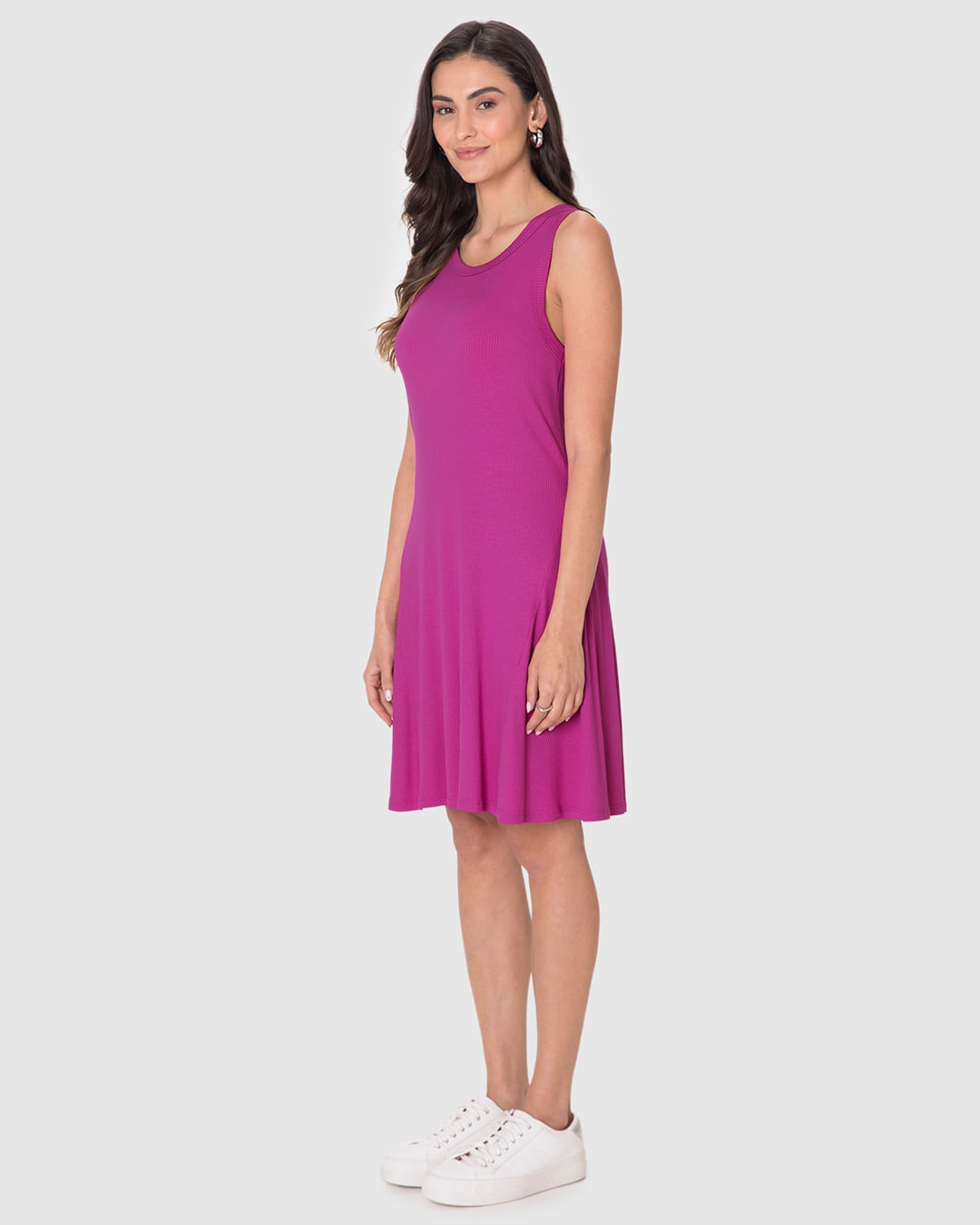 Vestido Feminino Evasê Sem Manga Em Malha Viscose Canelada - Imagem 7