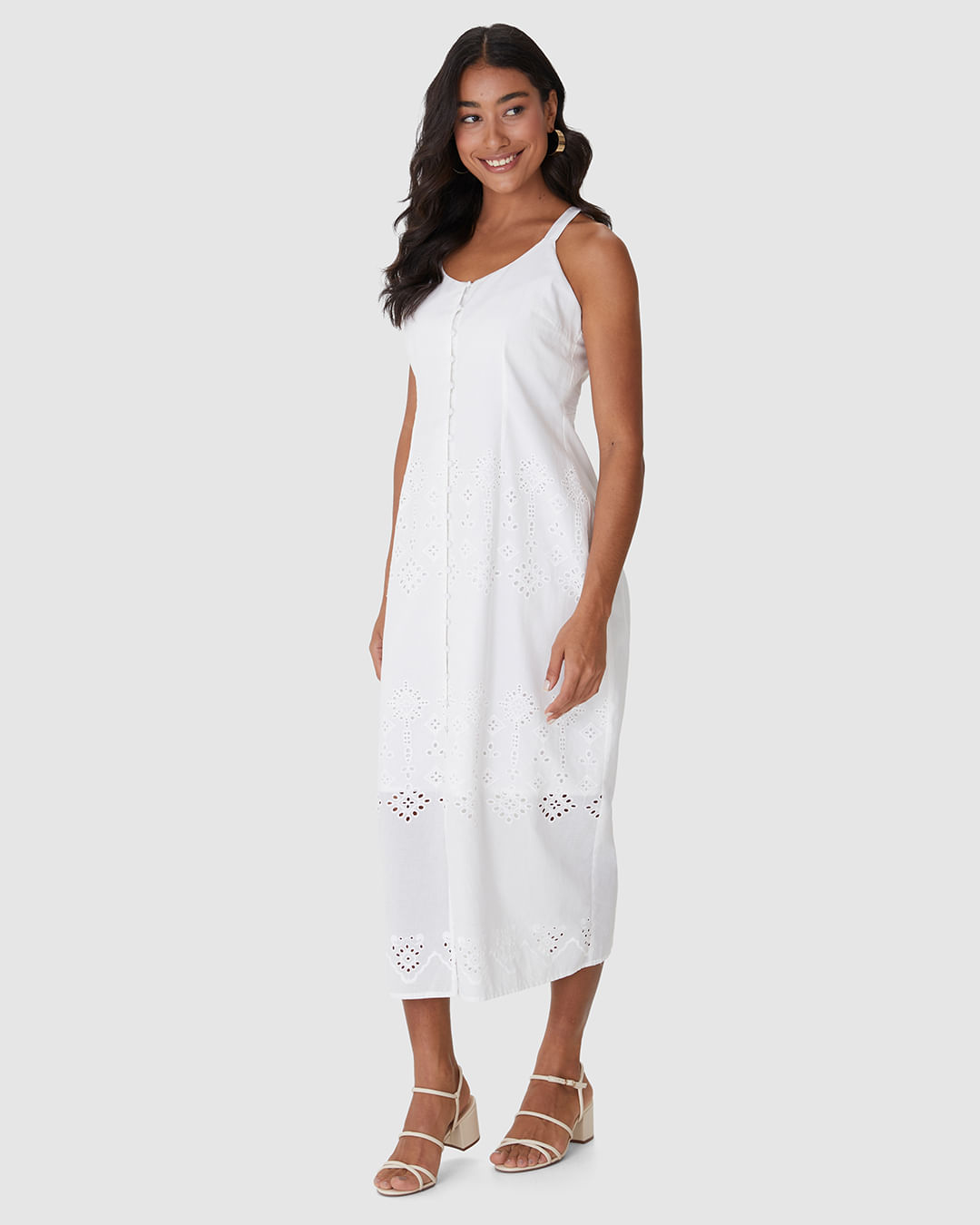 Vestido Midi Feminino Botões Frontais Detalhe Vazado Costas Em Laise Algodão - Imagem 17
