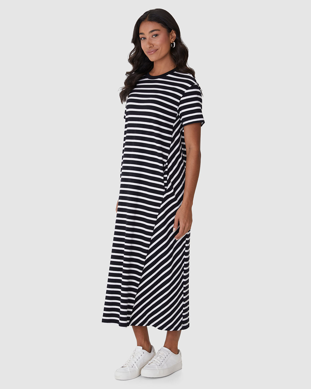 Vestido Midi Feminino Listrado Bolso Funcional Em Malha Algodão - Imagem 2