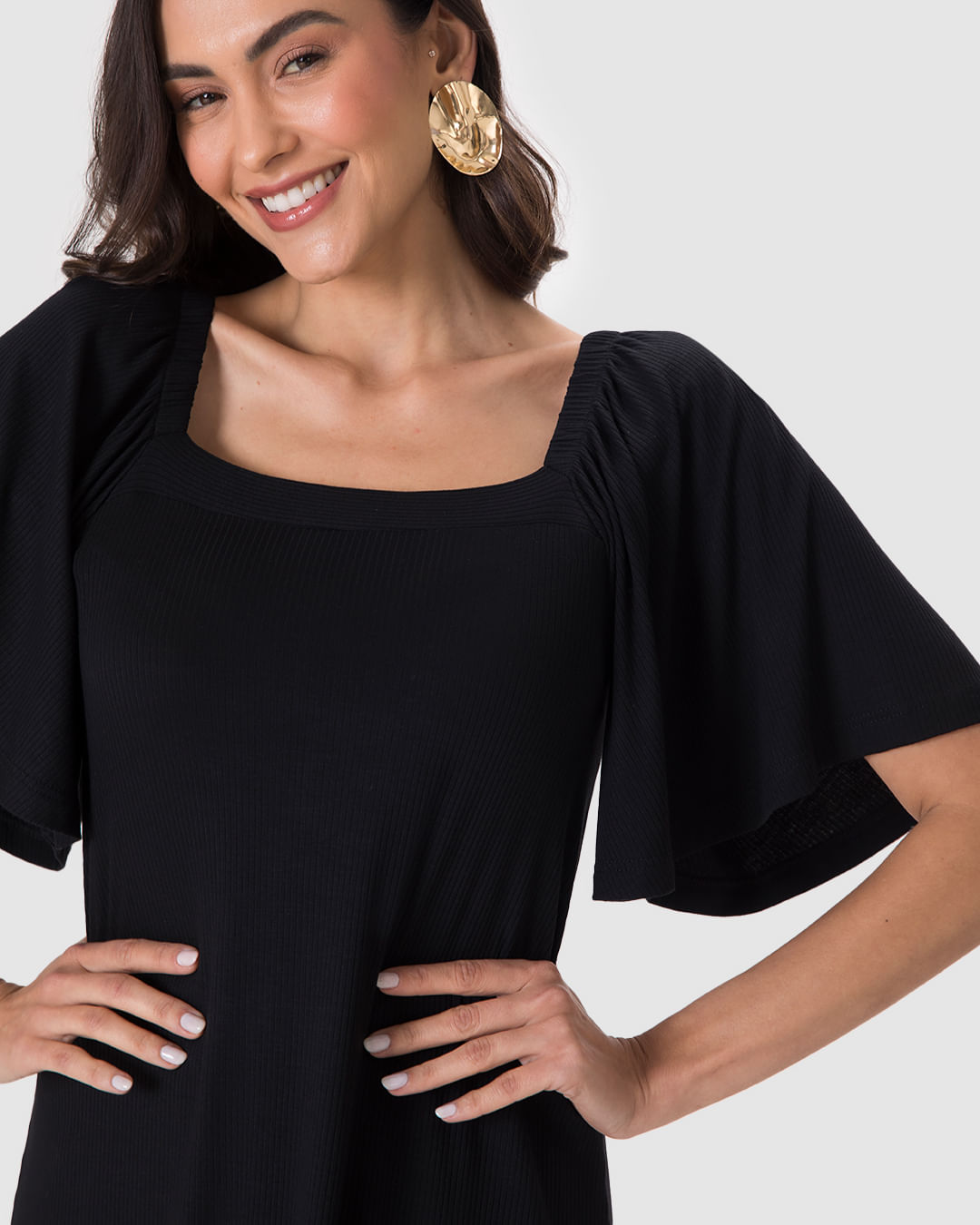 Vestido Feminino Decote Quadrado Manga Franzida Em Malha Viscose Canelada - Imagem 8