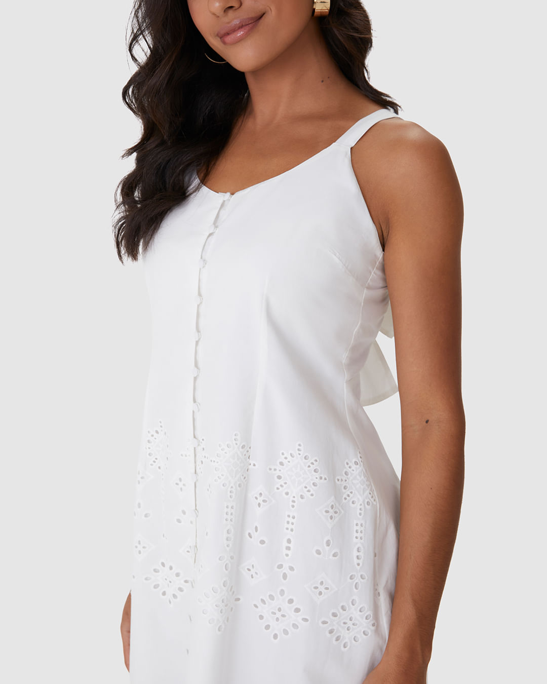 Vestido Midi Feminino Botões Frontais Detalhe Vazado Costas Em Laise Algodão - Imagem 3