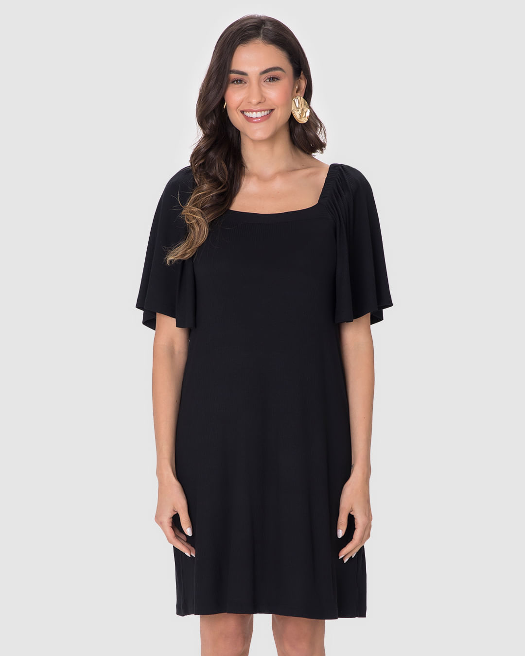 Vestido Feminino Decote Quadrado Manga Franzida Em Malha Viscose Canelada - Imagem 14