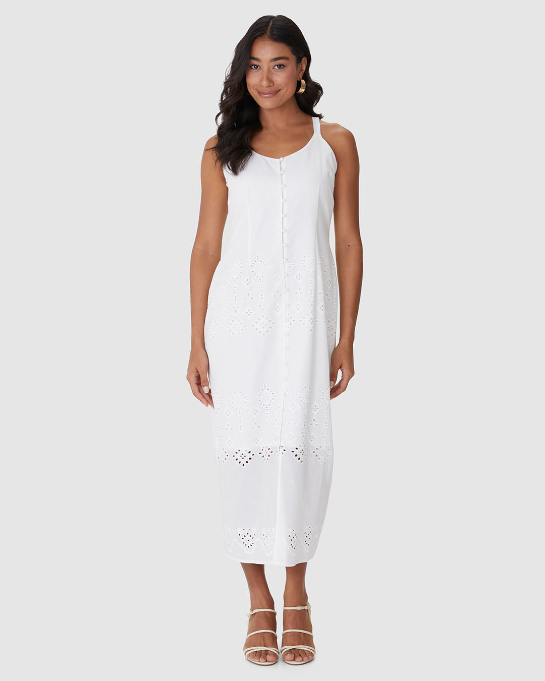 Vestido Midi Feminino Botões Frontais Detalhe Vazado Costas Em Laise Algodão - Imagem 14