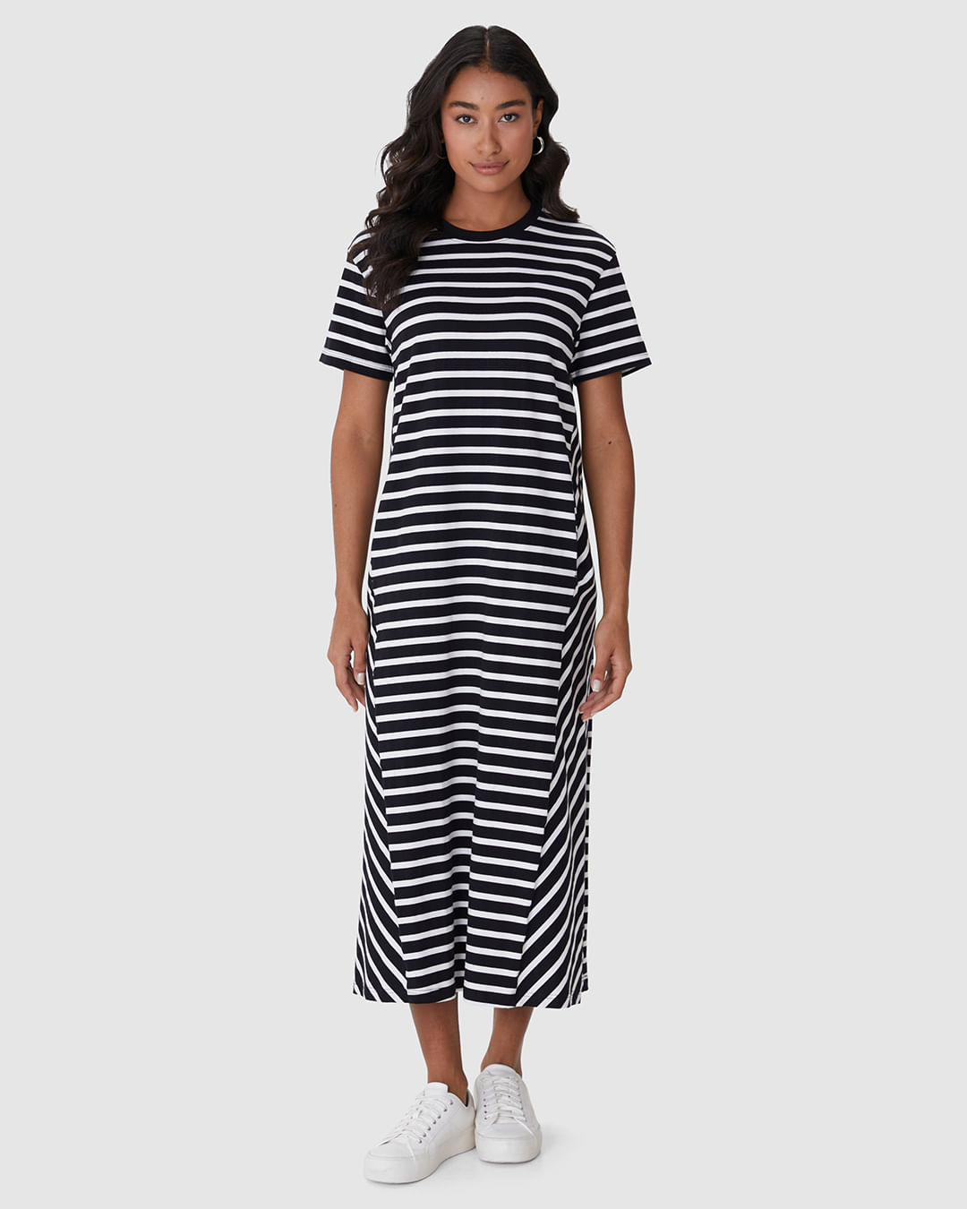 Vestido Midi Feminino Listrado Bolso Funcional Em Malha Algodão - Imagem 4