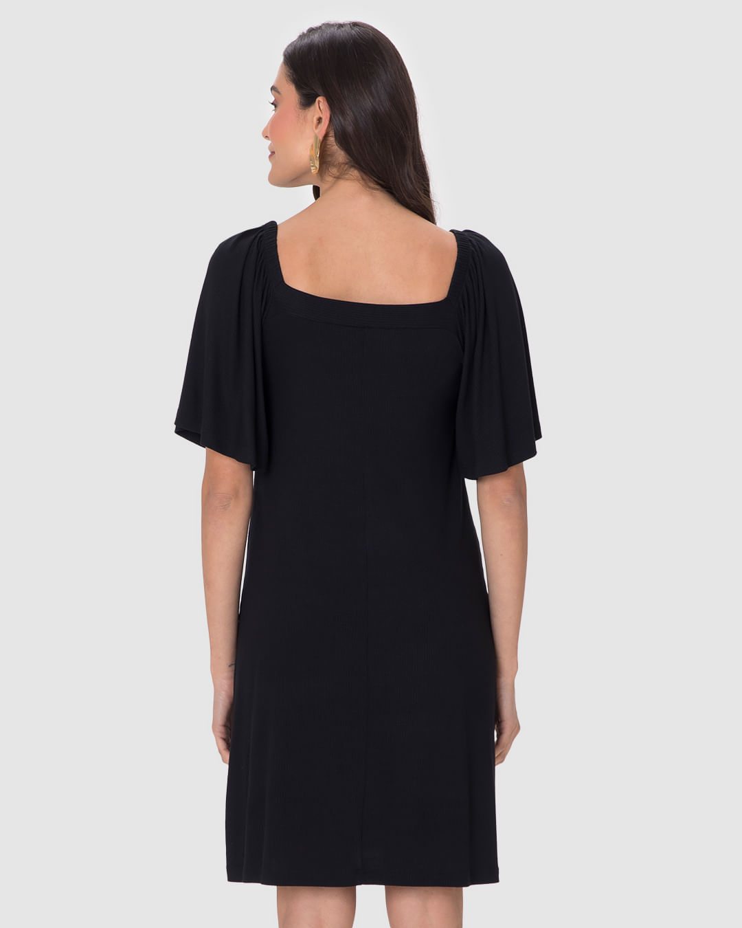 Vestido Feminino Decote Quadrado Manga Franzida Em Malha Viscose Canelada - Imagem 5