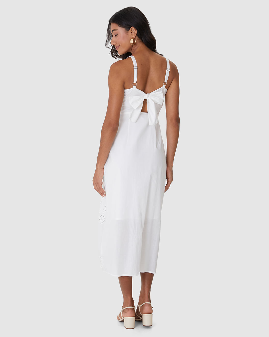 Vestido Midi Feminino Botões Frontais Detalhe Vazado Costas Em Laise Algodão - Imagem 10