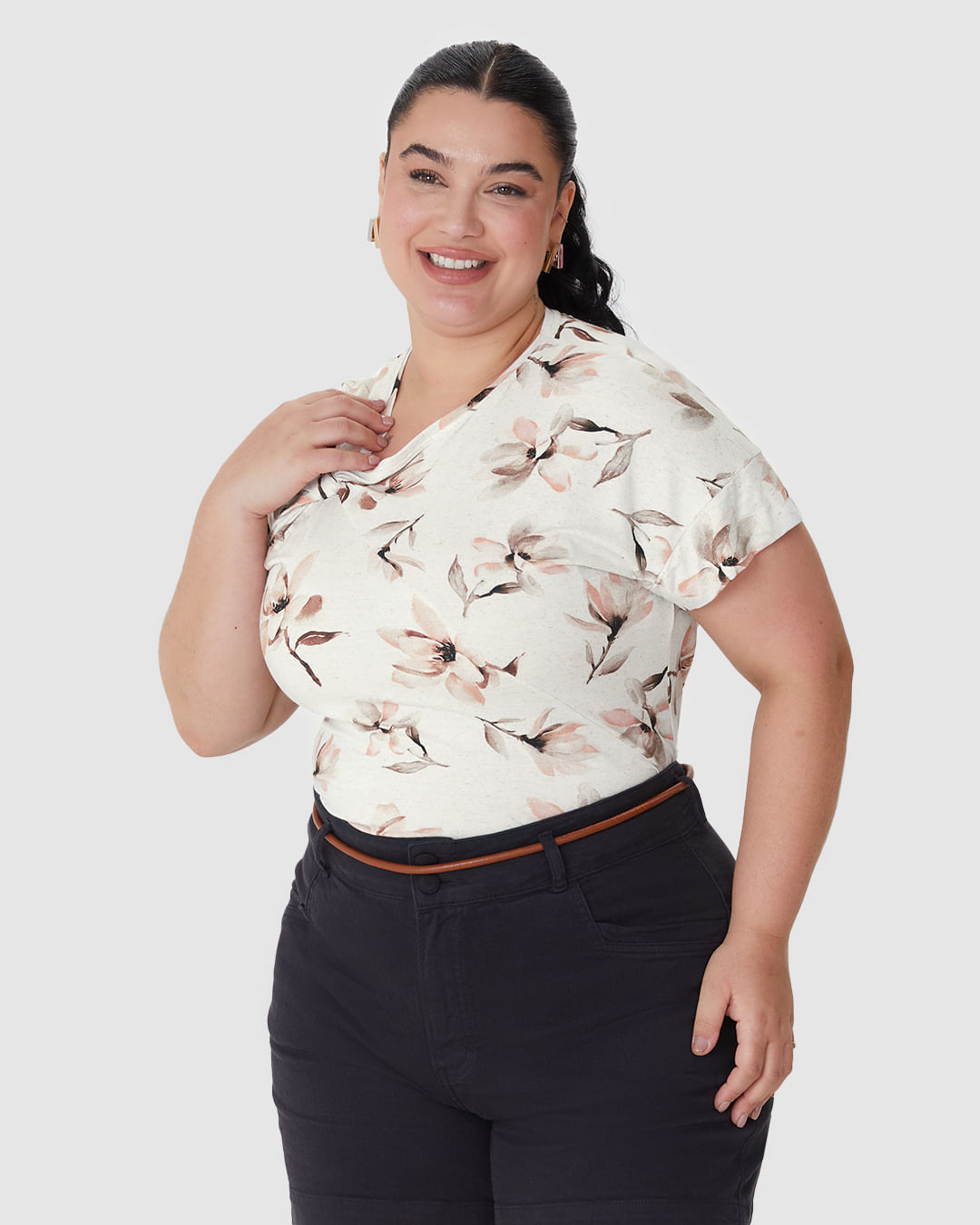 Blusa Feminina Plus Size Detalhe Torção Frontal em Malha Viscolinho Stretch