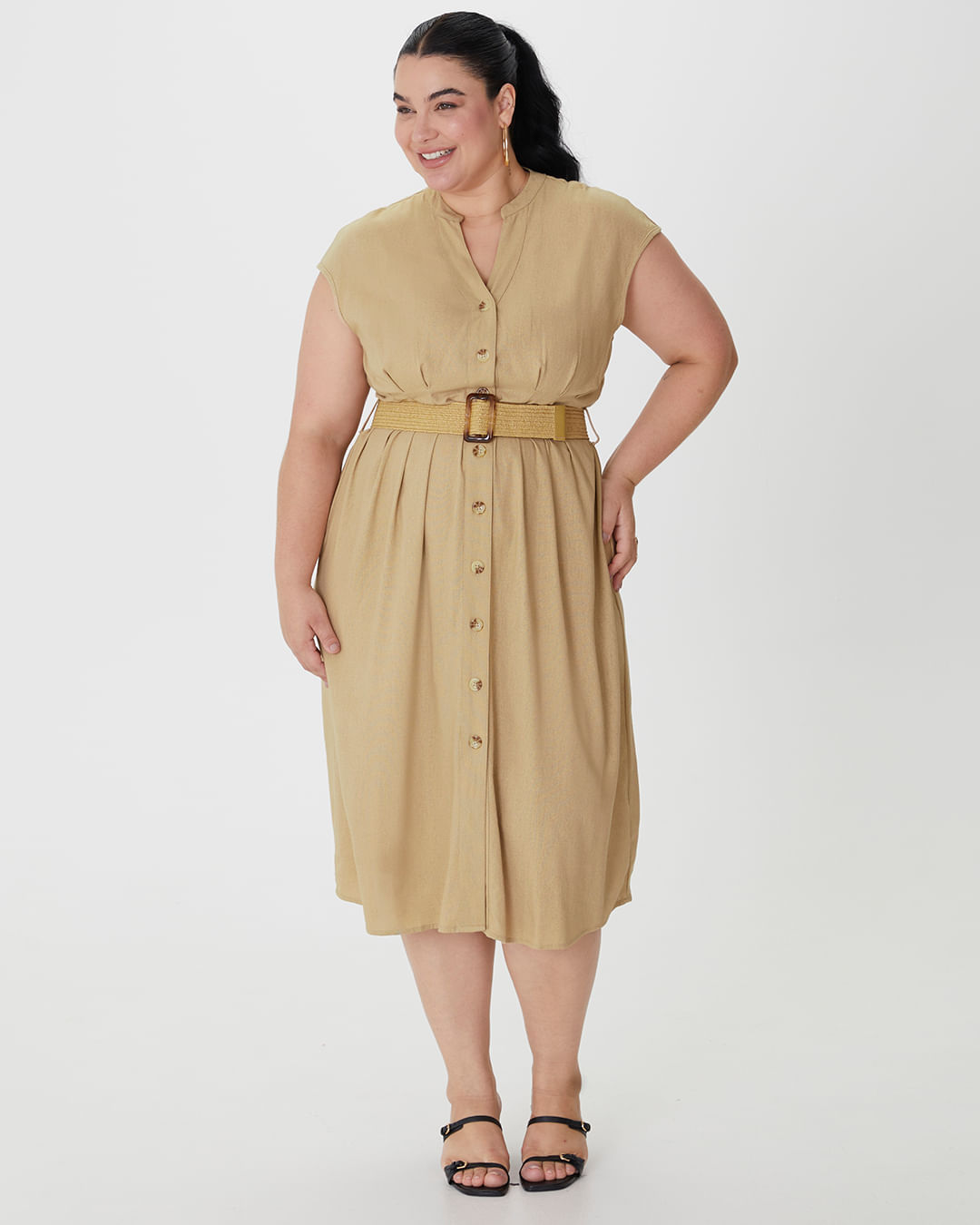Vestido Midi Feminino Plus Size Abertura Botões Frontais em Viscolinho