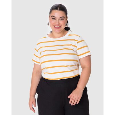 Blusa Feminina Plus Size Decote Redondo Manga Curta Em Malha Listrada
