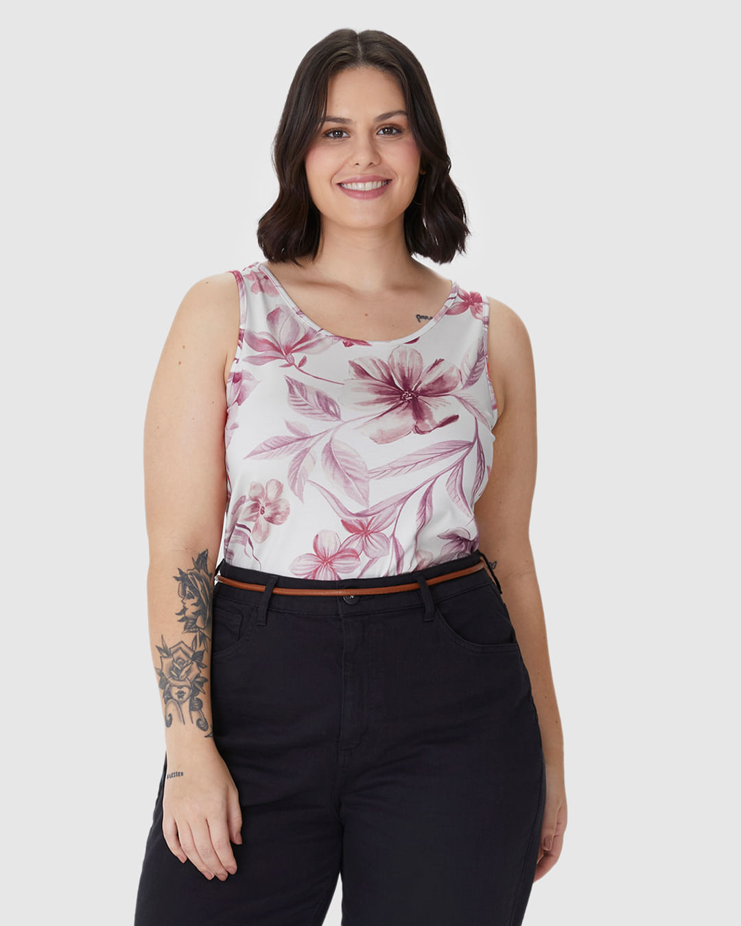 Regata Feminina Plus Size Reta Estampa Floral Em Viscose Stretch - Imagem 11