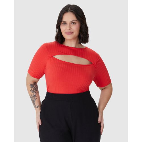 Blusa Feminina Plus Size Decote Detalhe Vazado em Malha Viscose Canelada