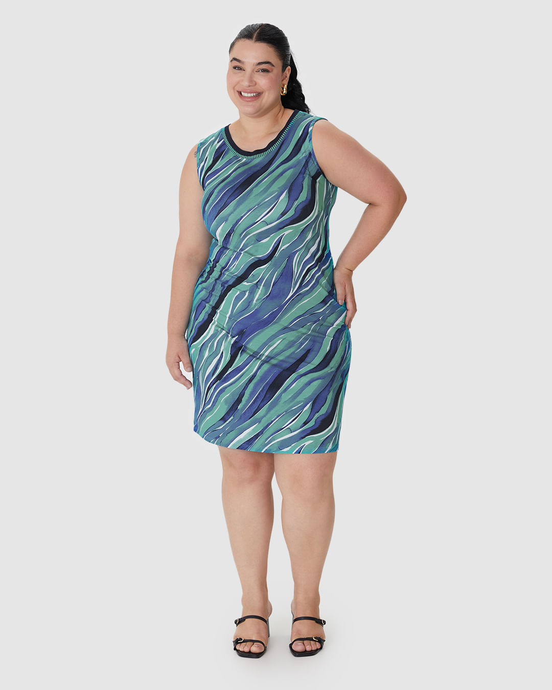 Vestido Feminino Plus Size Reto Decote Redondo Retilínea Em Viscose Stretch - Imagem 11