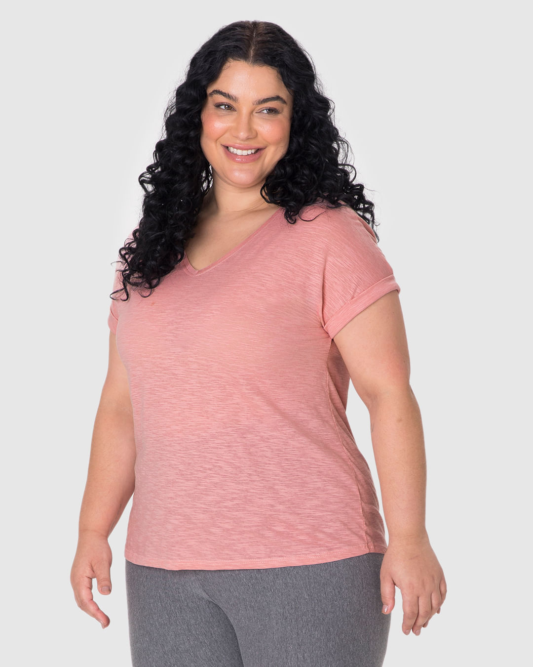 Blusa Feminina Plus Size Mullet Decote V Manga Curta Em Malha Rajada - Imagem 21