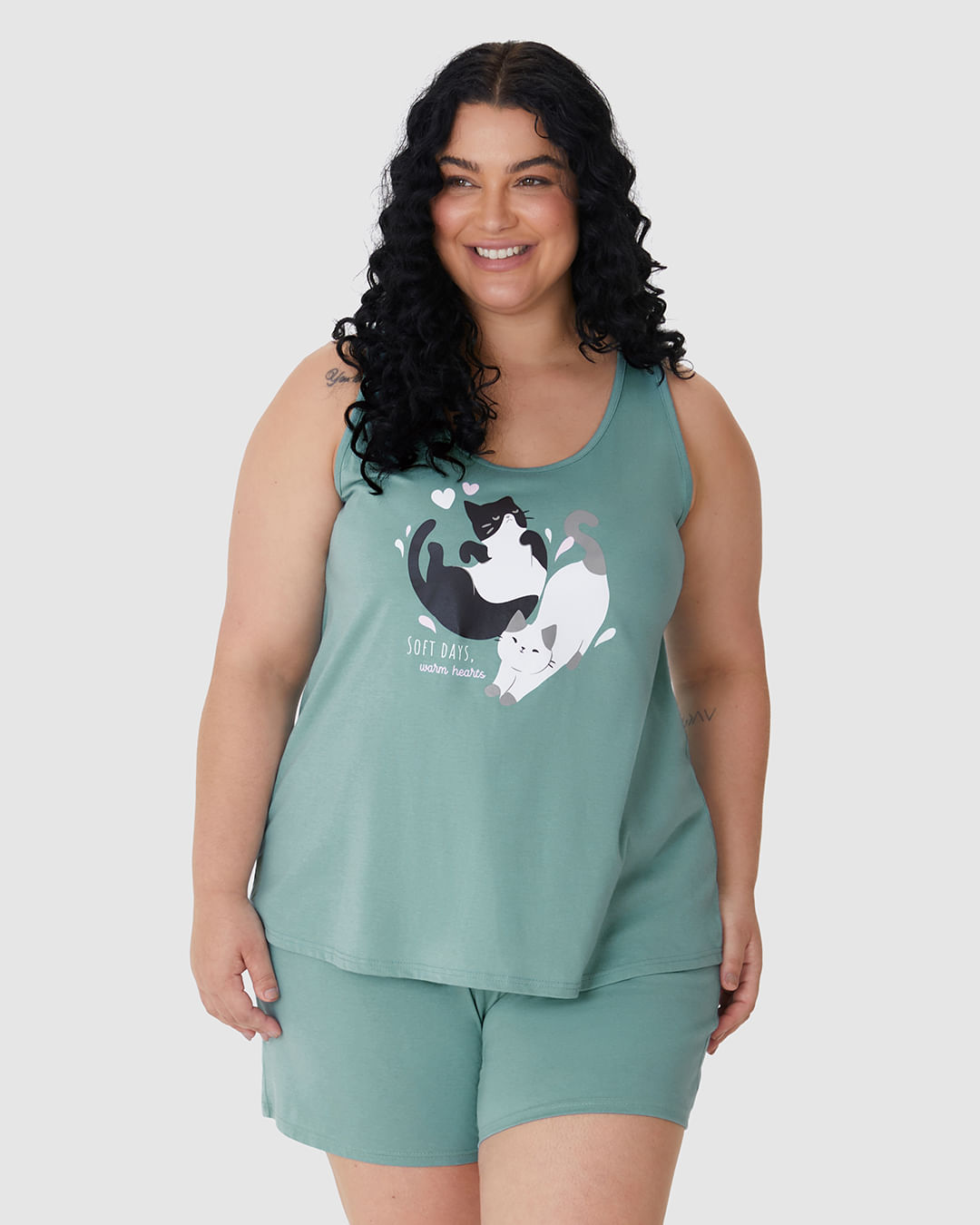 Pijama Curto Feminino Plus Size Softs Days Warm Hearts Em Algodão - Imagem 6