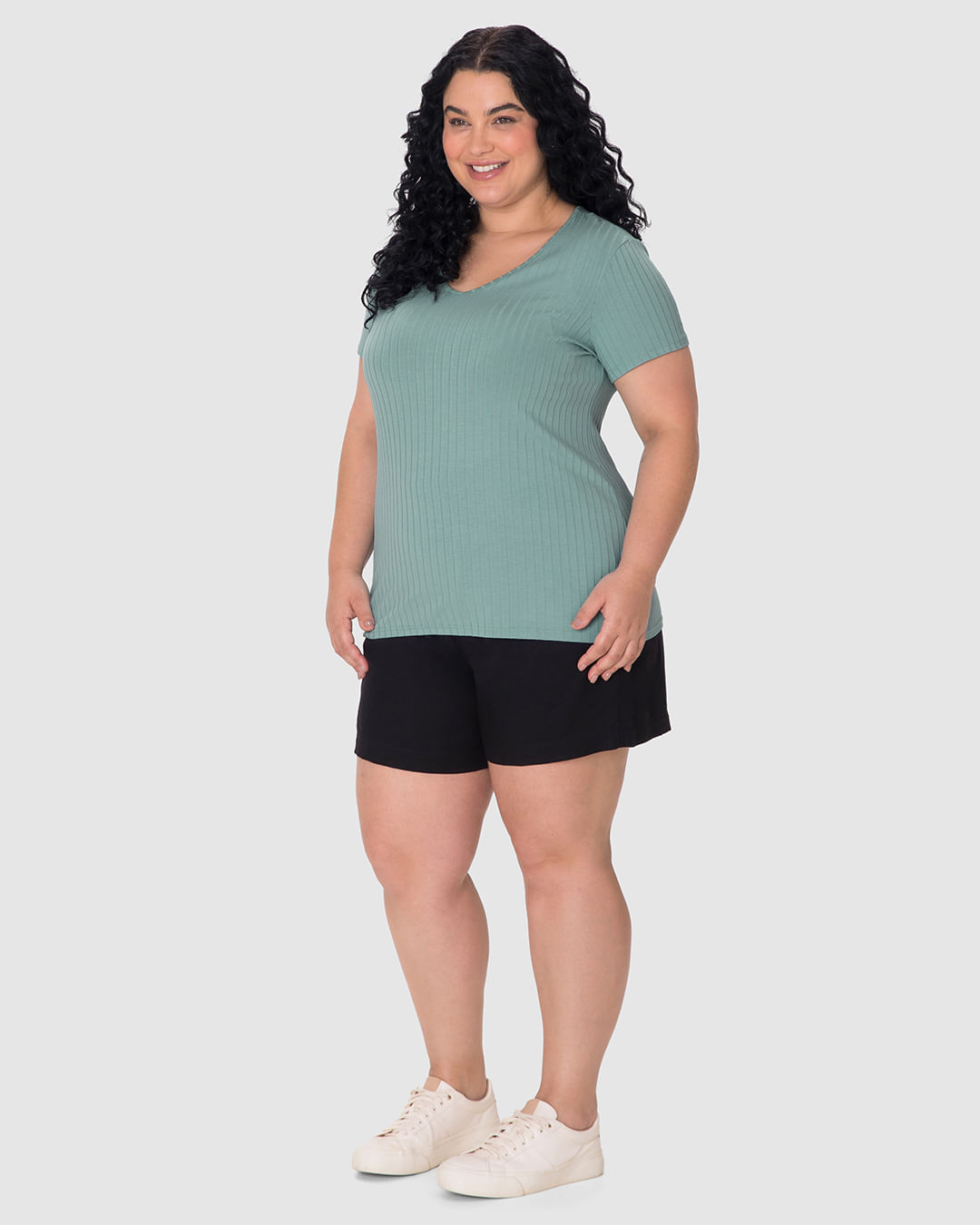 Blusa Básica Feminina Plus Size Decote V Em Canelado De Viscose - Imagem 7