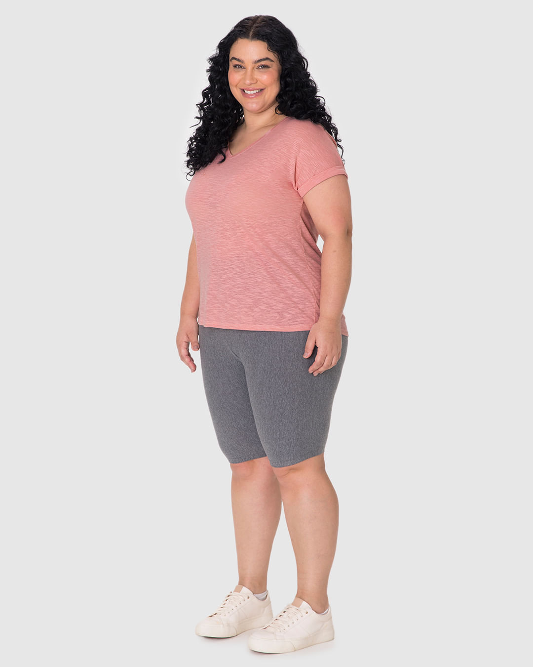 Blusa Feminina Plus Size Mullet Decote V Manga Curta Em Malha Rajada - Imagem 22