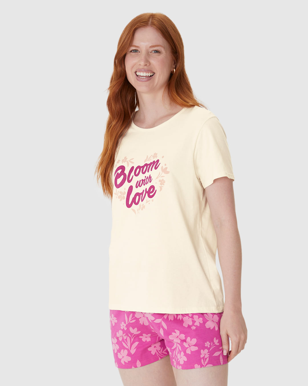 Pijama Curto Feminino Shorts Estampado Em Algodão - Off White - P