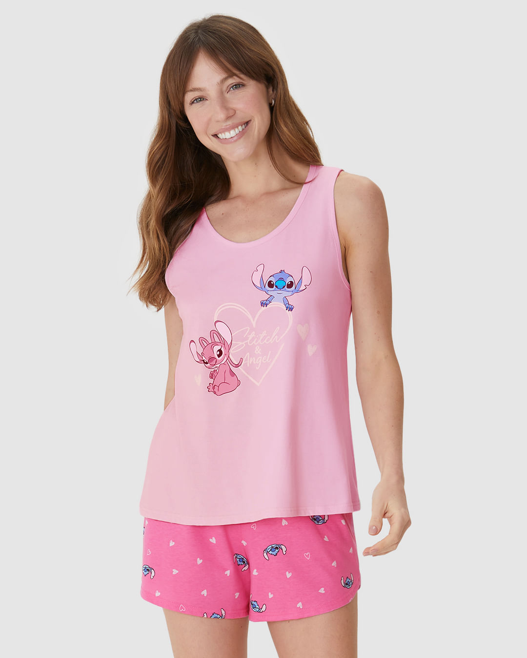 Pijama Curto Feminino Estampa Stitch E Angel Disney Em Algodão