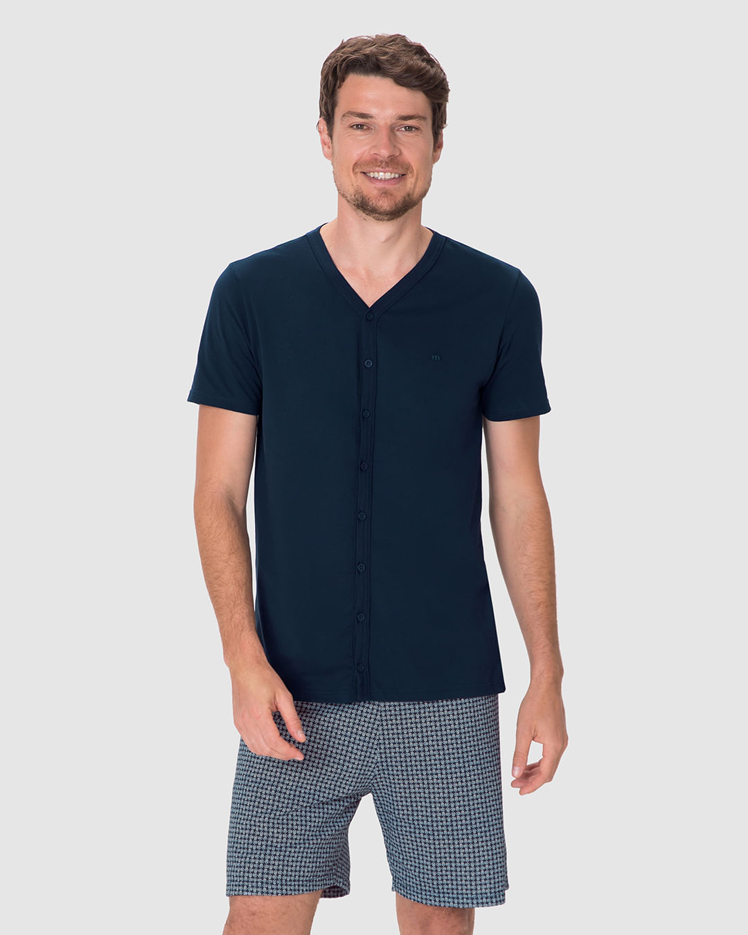 Pijama Curto Masculino Camiseta Manga Curta Botões Frontais Viscose Stretch