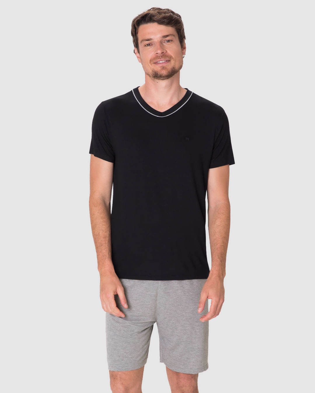 Pijama Curto Masculino Camiseta Decote V Detalhe Costura Em Viscose Stretch - Imagem 16