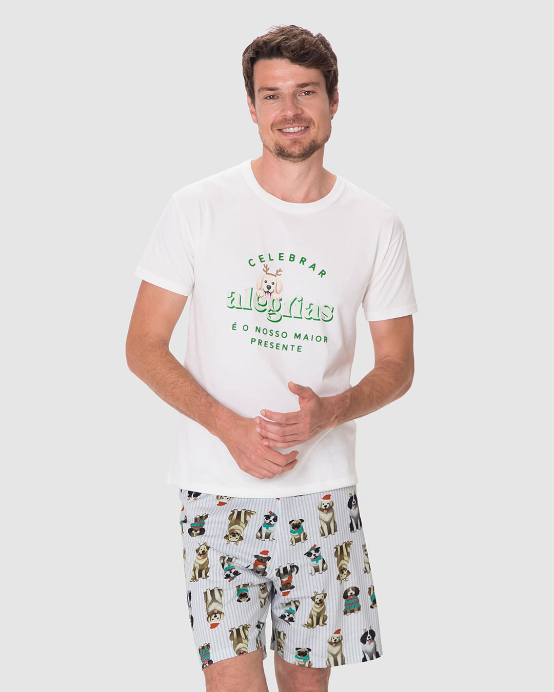 Pijama Curto Masculino Celebrar Alegrias Em Algodão - Imagem 21