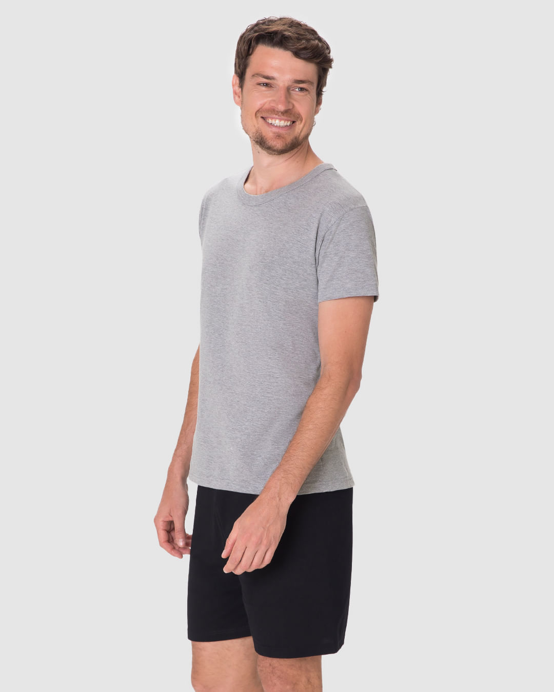 Pijama Curto Masculino Camiseta Bordado Discreto Em Algodão
