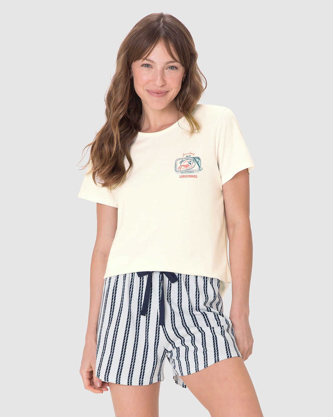 Pijama Curto Feminino Estampa Sardinhas Em Algodão