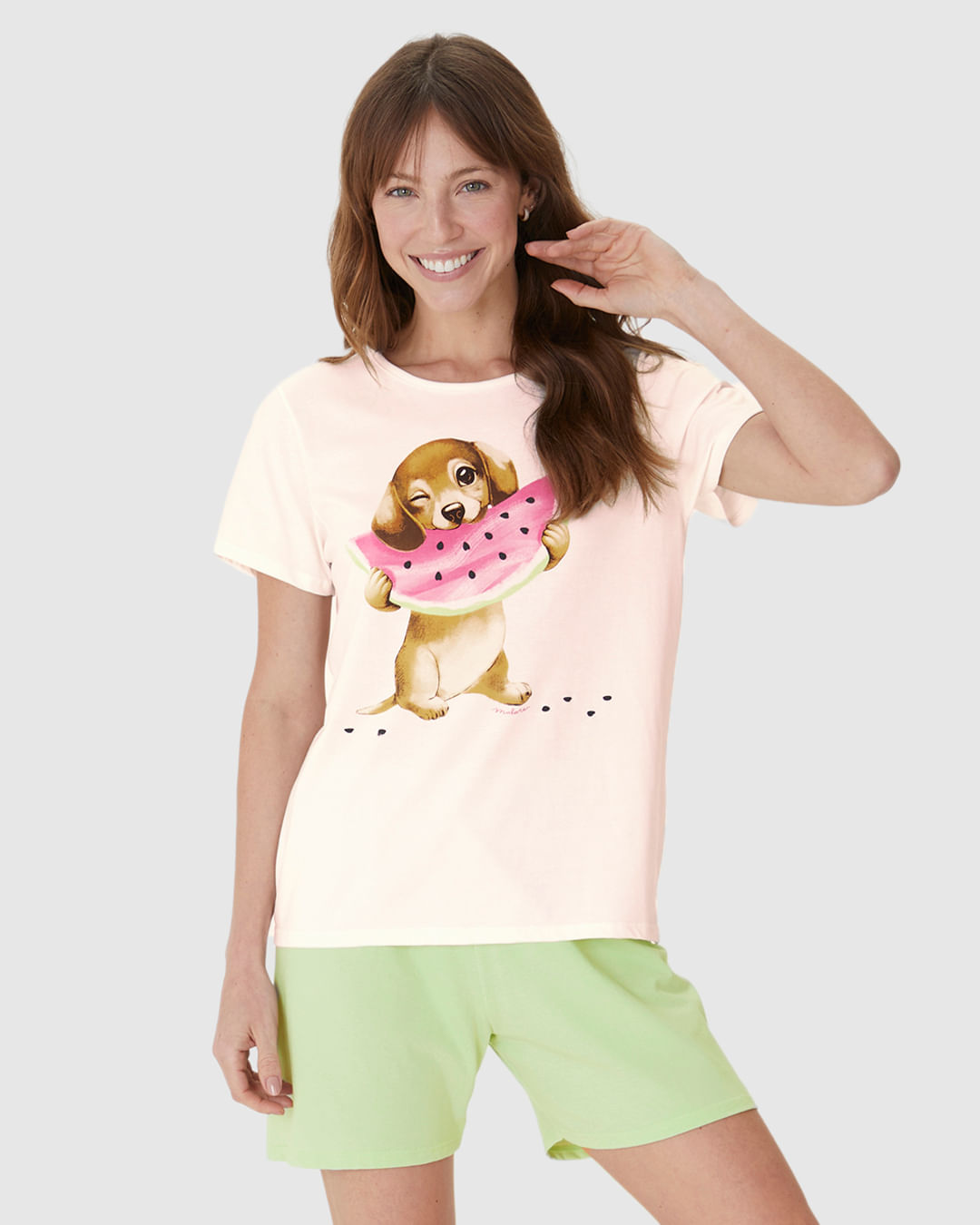 Pijama Curto Feminino Blusa Dog And Watermelon Em Algodão - Imagem 6