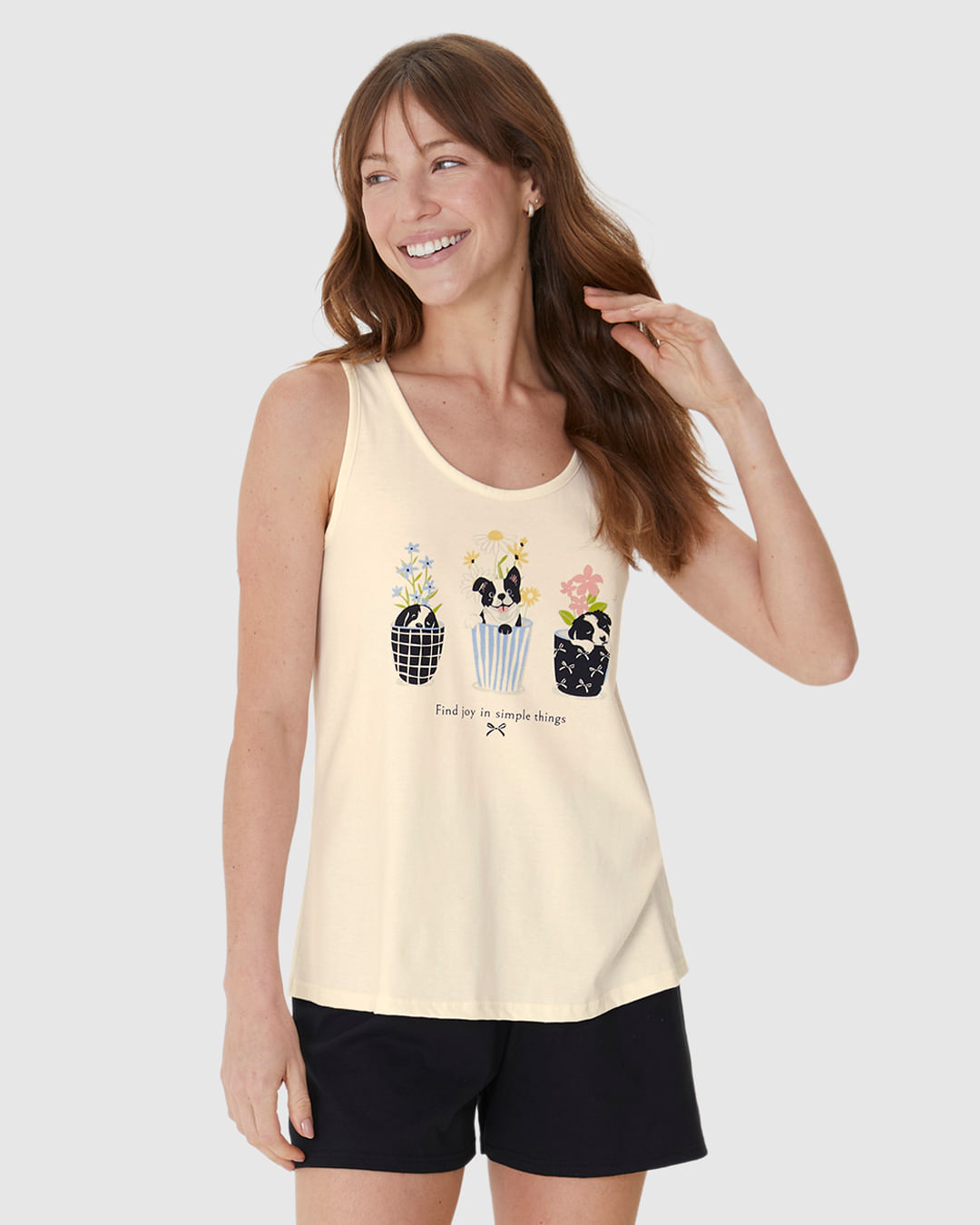 Pijama Curto Feminino Regata Estampa Frontal Em Algodão - Imagem 11