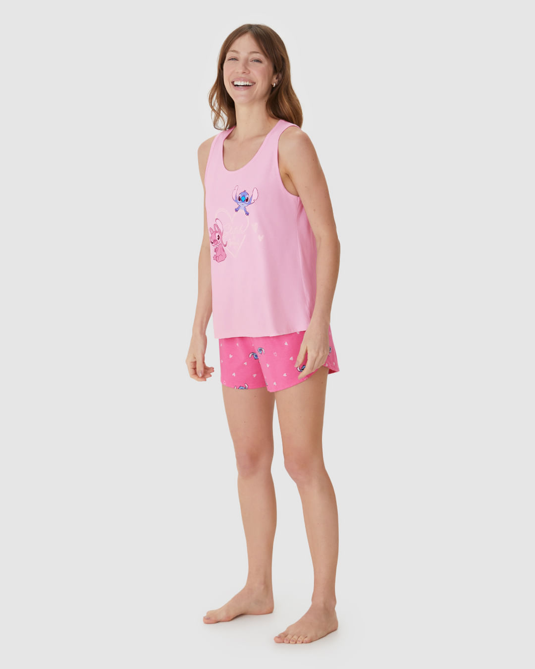 Pijama Curto Feminino Estampa Stitch E Angel Disney Em Algodão - Imagem 17