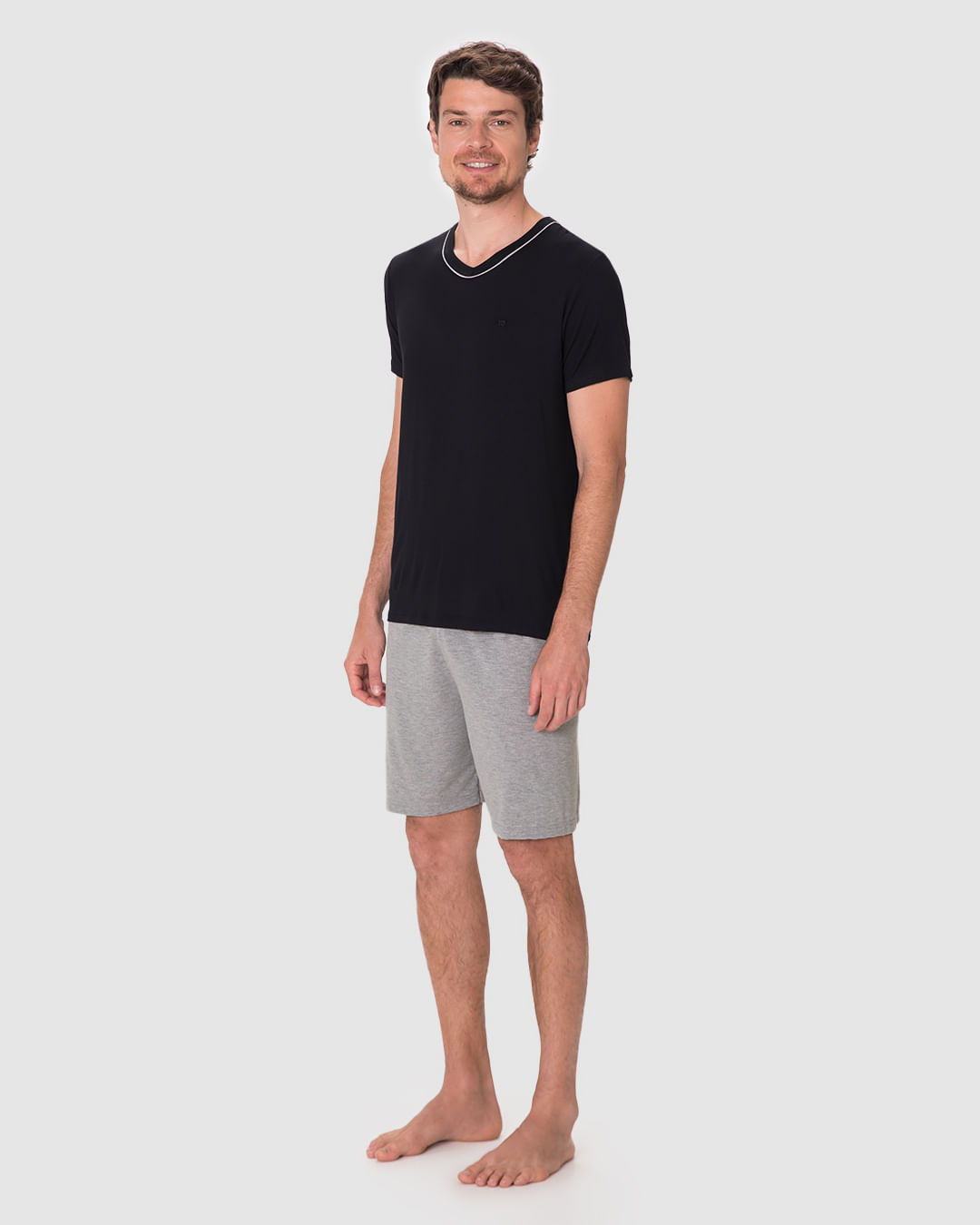 Pijama Curto Masculino Camiseta Decote V Detalhe Costura Em Viscose Stretch - Imagem 22