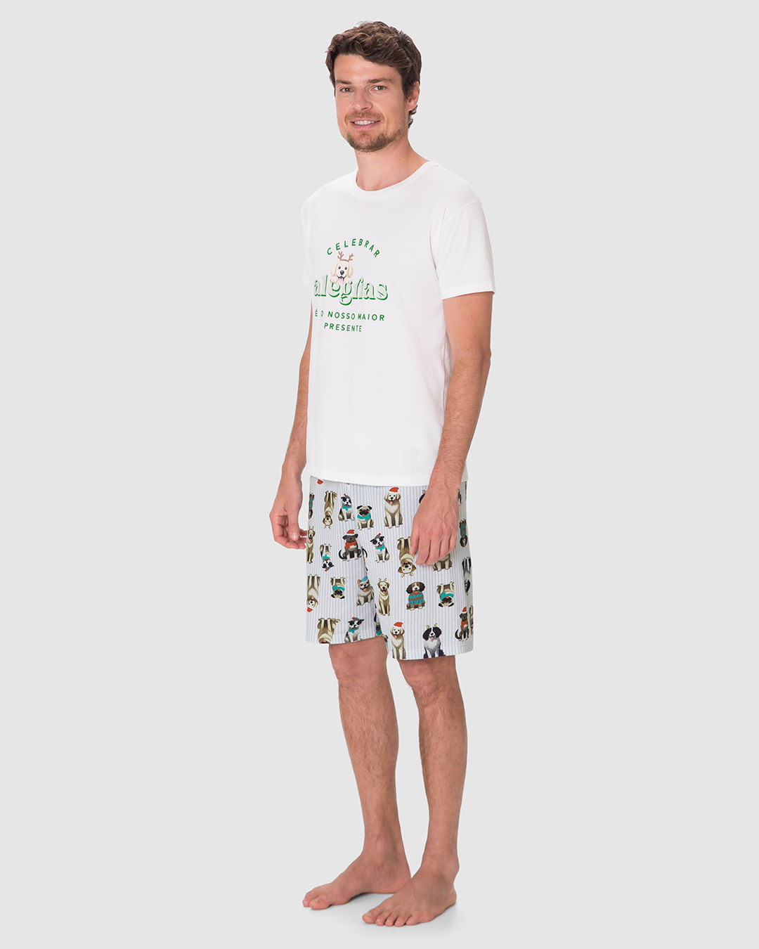Pijama Curto Masculino Celebrar Alegrias Em Algodão - Imagem 7