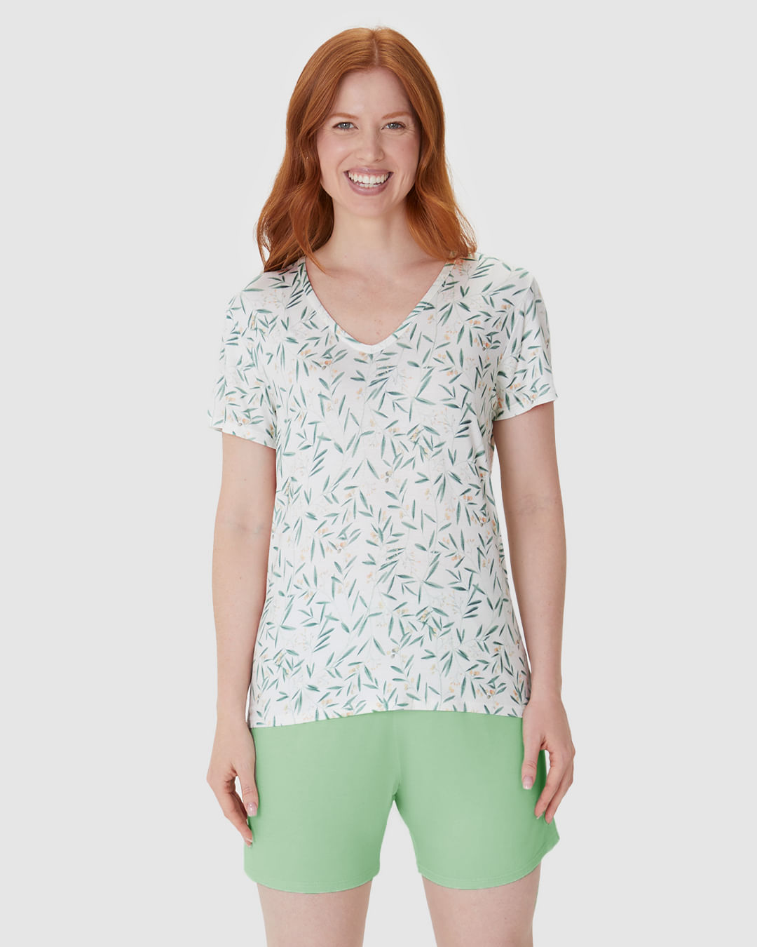 Pijama Curto Feminino Blusa Decote V Estampada Em Viscose Stretch - Imagem 10