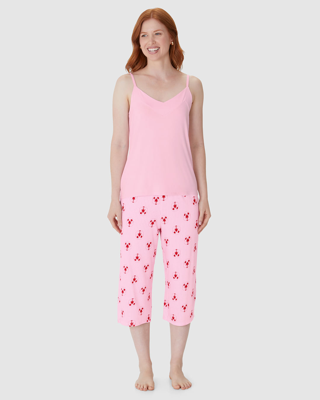 Pijama Longo Feminino Calça Capri Estampada Em Viscose Stretch - Imagem 4