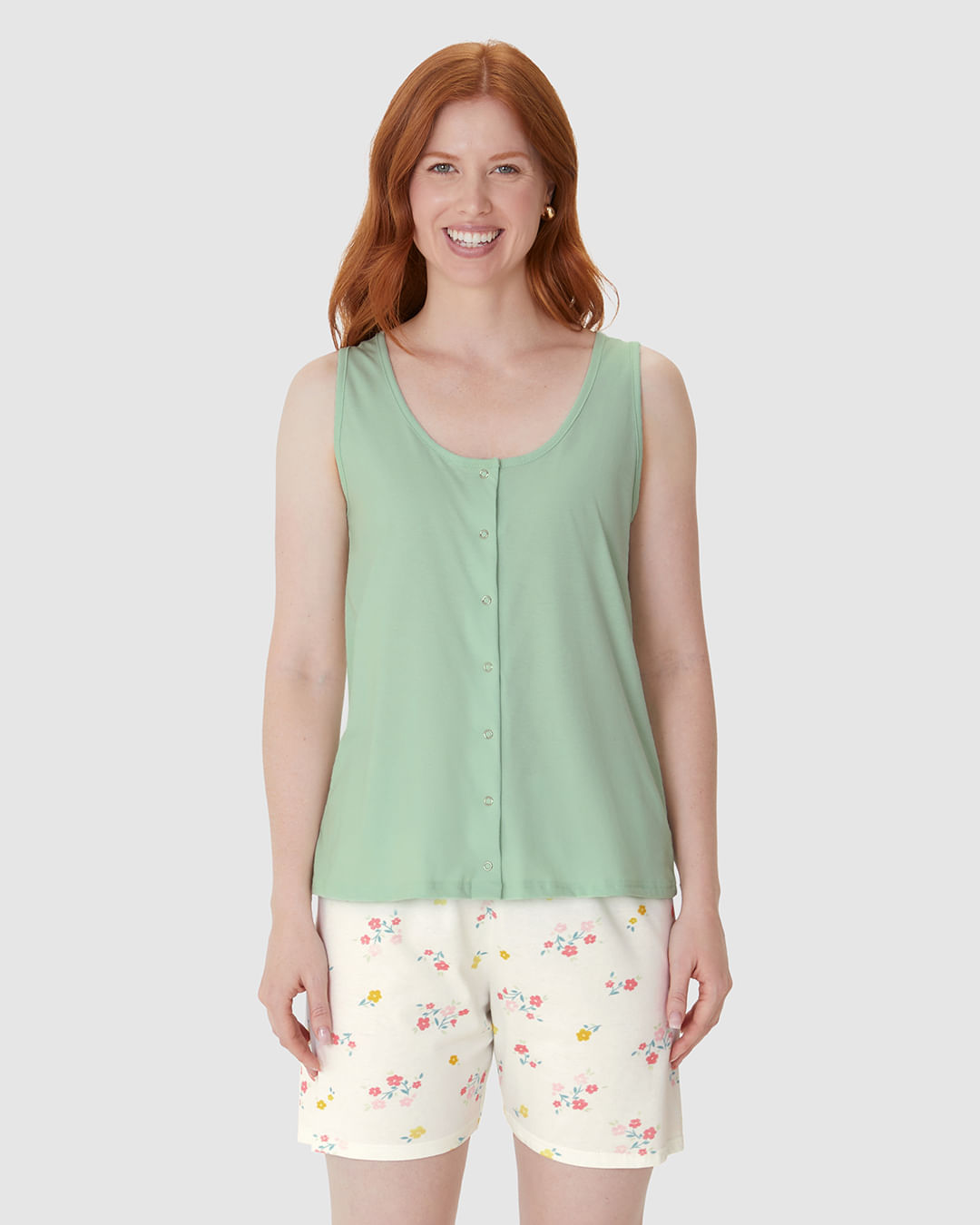 Pijama Curto Feminino Regata Abotoamento Frontal Em Algodão - Imagem 16